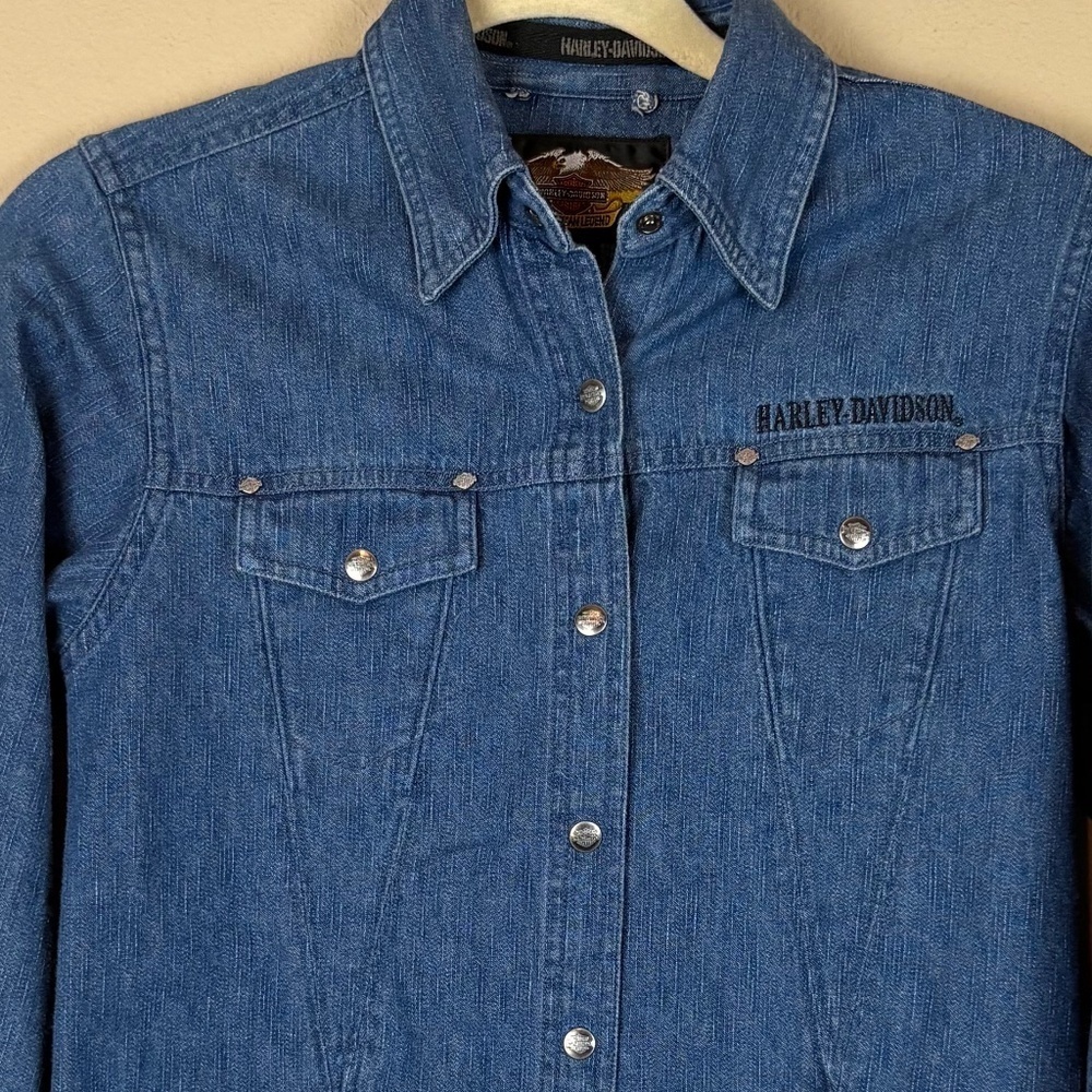 Harley Davidson Denim Long Sleeve Button Down Shirt w/ Silver Shimmer Embroidery - Picture 4 of 11